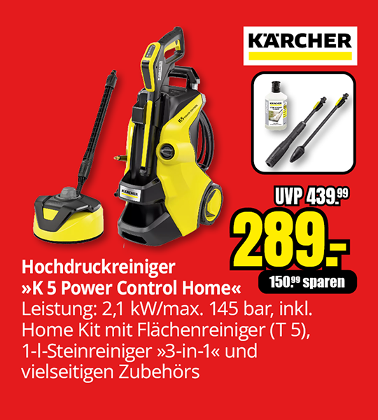 Kärcher Hochdruckreiniger K 5 Power Control Home mit 2,1 Kilowatt Leistung und 145 bar Druck, inklusive Home Kit und Zubehör, Aktionspreis 289 Euro statt 439,99 Euro