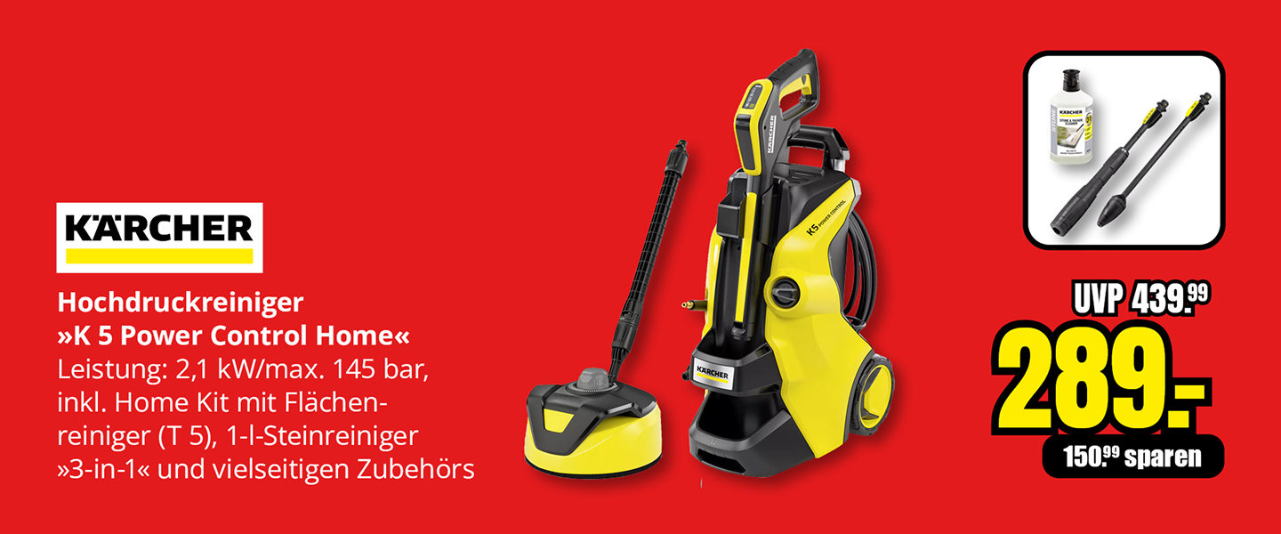 Kärcher Hochdruckreiniger K 5 Power Control Home mit 2,1 Kilowatt Leistung und 145 bar Druck, inklusive Home Kit und Zubehör, Aktionspreis 289 Euro statt 439,99 Euro