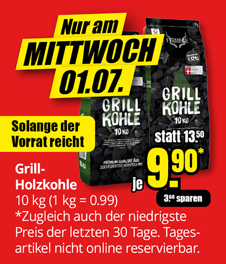Grill-Holzkohle, 10 Kilogramm, Aktionspreis 9,90 Euro statt 13,50 Euro, nur am Mittwoch, 01.07., solange Vorrat reicht
