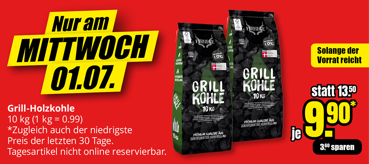 Grill-Holzkohle, 10 Kilogramm, Aktionspreis 9,90 Euro statt 13,50 Euro, nur am Mittwoch, 01.07., solange Vorrat reicht