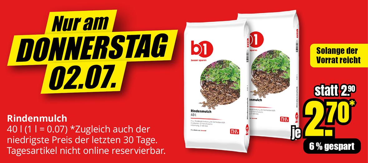 Rindenmulch, 40 Liter, Aktionspreis 2,70 Euro statt 2,90 Euro, nur am Donnerstag, 02.07., solange Vorrat reicht