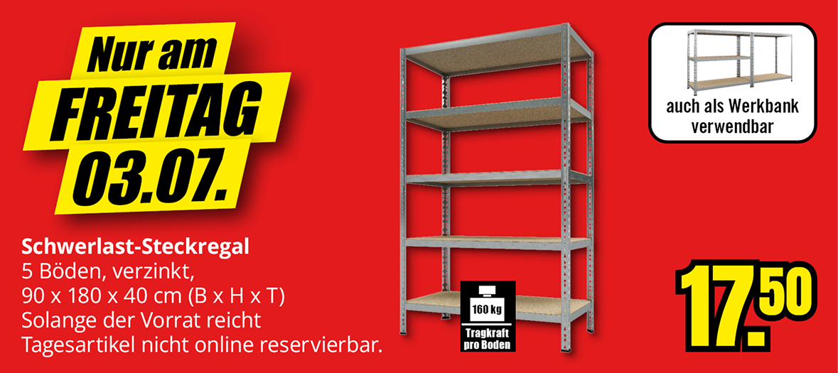 Schwerlast-Steckregal, 90 × 180 × 40 Zentimeter, Aktionspreis 17,50 Euro, nur am Freitag, 03.07., solange Vorrat reicht
