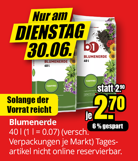 Blumenerde, 40 Liter, Aktionspreis 2,70 Euro je Sack statt 2,90 Euro, nur am Dienstag, 30.06., solange Vorrat reicht