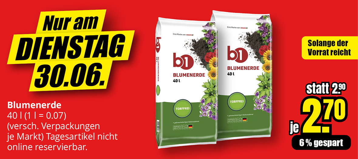 Blumenerde, 40 Liter, Aktionspreis 2,70 Euro je Sack statt 2,90 Euro, nur am Dienstag, 30.06., solange Vorrat reicht