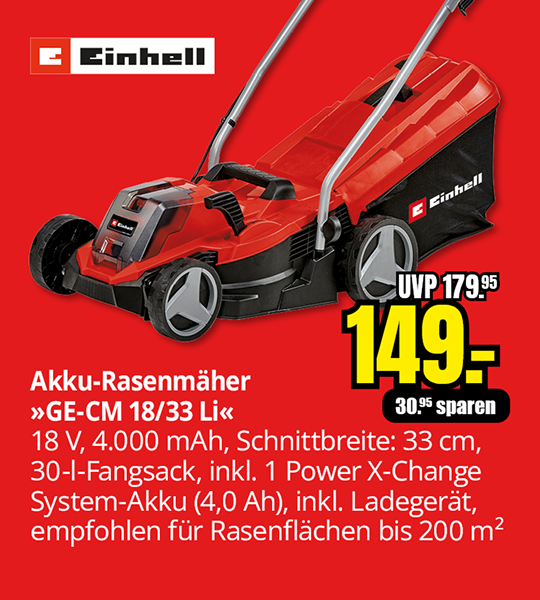 Einhell Akku-Rasenmäher GE-CM 18/33 Li mit 33 Zentimeter Schnittbreite, Aktionspreis 149 Euro statt 179,95 Euro