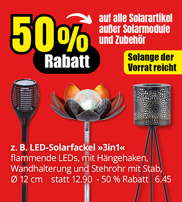 Werbebanner mit rotem Hintergrund zeigt "50% Rabatt" auf alle Solarartikel außer Solarmodule und Zubehör, darunter Abbildungen von LED-Solarfackeln und Solarlampen in verschiedenen Designs.