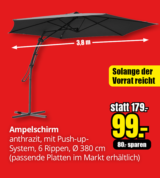 Anthrazitfarbener Ampelschirm mit Push-up-System, Durchmesser 380 Zentimeter, Aktionspreis 99 Euro statt 179 Euro