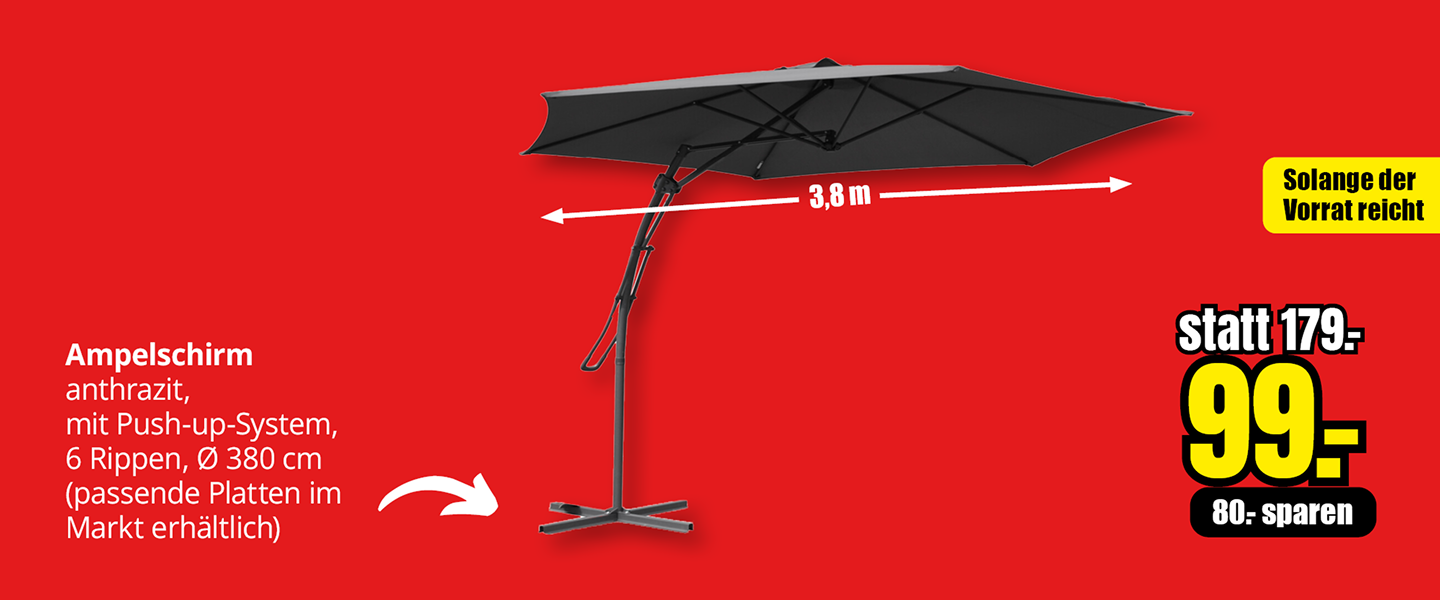 Anthrazitfarbener Ampelschirm mit Push-up-System, Durchmesser 380 Zentimeter, Aktionspreis 99 Euro statt 179 Euro