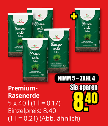 Premium-Rasenerde, fünf Säcke à 40 Liter zum Preis von vier, Ersparnis 8,40 Euro