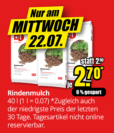 Rindenmulch, 40 Liter, Aktionspreis 2,70 Euro statt 2,90 Euro, nur am Mittwoch, 22.07., solange Vorrat reicht