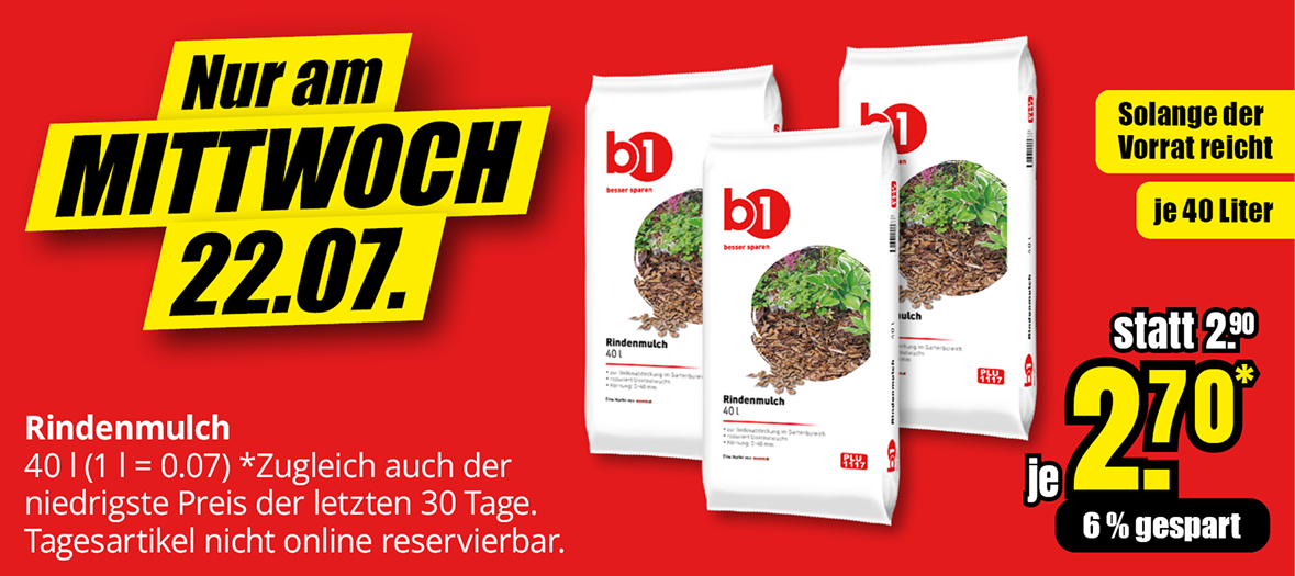 Rindenmulch, 40 Liter, Aktionspreis 2,70 Euro statt 2,90 Euro, nur am Mittwoch, 22.07., solange Vorrat reicht