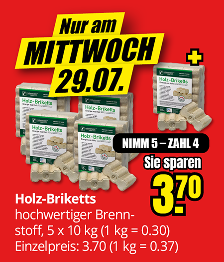 Holz-Briketts, fünf Pakete à 10 Kilogramm zum Preis von vier, Ersparnis 3,70 Euro, nur am Mittwoch, 29.07.