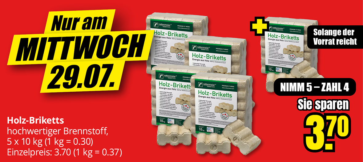 Holz-Briketts, fünf Pakete à 10 Kilogramm zum Preis von vier, Ersparnis 3,70 Euro, nur am Mittwoch, 29.07.