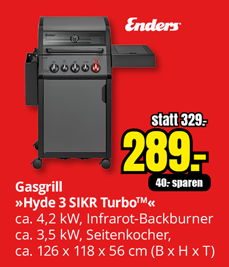 Enders Gasgrill Hyde 3 SIKR Turbo mit Infrarot-Backburner und Seitenkocher, Aktionspreis 289 Euro statt 329 Euro