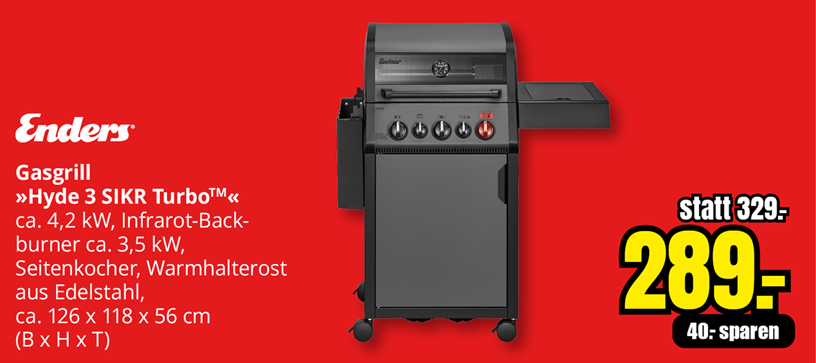 Enders Gasgrill Hyde 3 SIKR Turbo mit Infrarot-Backburner und Seitenkocher, Aktionspreis 289 Euro statt 329 Euro