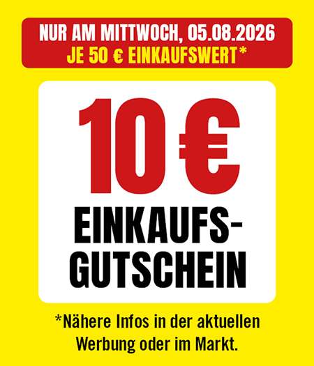10-Euro-Einkaufsgutschein ab einem Einkaufswert von 50 Euro, gültig nur am Mittwoch, 05.08.2026