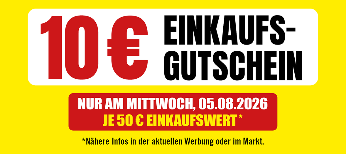 10-Euro-Einkaufsgutschein ab einem Einkaufswert von 50 Euro, gültig nur am Mittwoch, 05.08.2026
