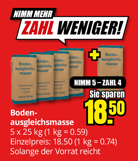 Bodenausgleichsmasse, fünf Säcke à 25 Kilogramm zum Preis von vier, Ersparnis 18,50 Euro