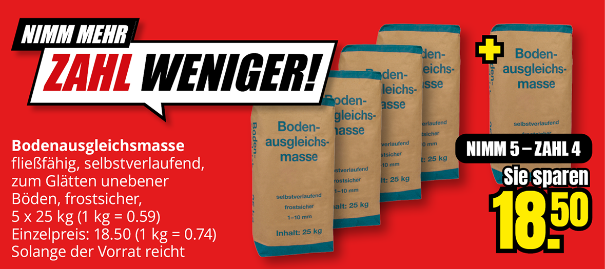 Bodenausgleichsmasse, fünf Säcke à 25 Kilogramm zum Preis von vier, Ersparnis 18,50 Euro