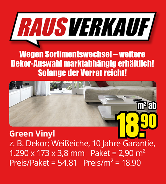 Green Vinyl Bodenbelag im Rausverkauf ab 18,90 €/m², z. B. Dekor Weißeiche.