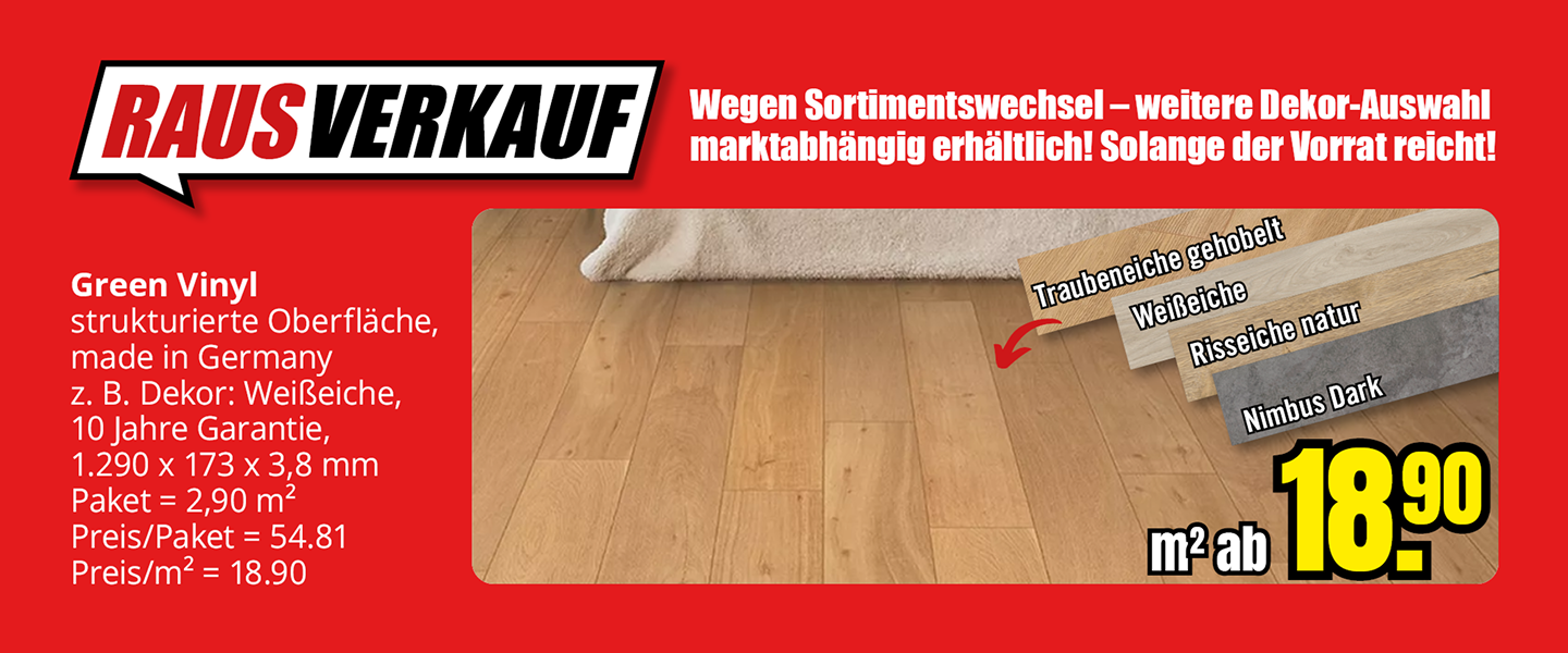 Green Vinyl Bodenbelag im Rausverkauf ab 18,90 €/m², z. B. Dekor Weißeiche.