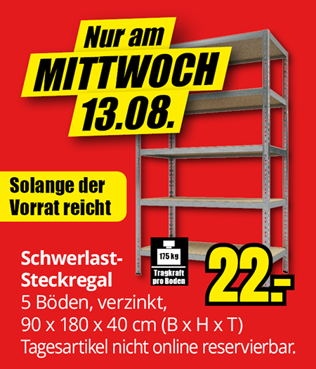 Schwerlast-Steckregal mit 5 Böden für 22 €, nur am Mittwoch, 13.08., solange der Vorrat reicht.