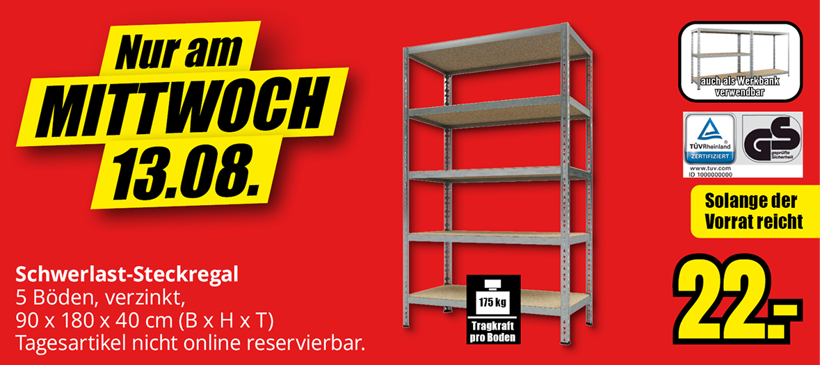 Schwerlast-Steckregal mit 5 Böden für 22 €, nur am Mittwoch, 13.08., solange der Vorrat reicht.