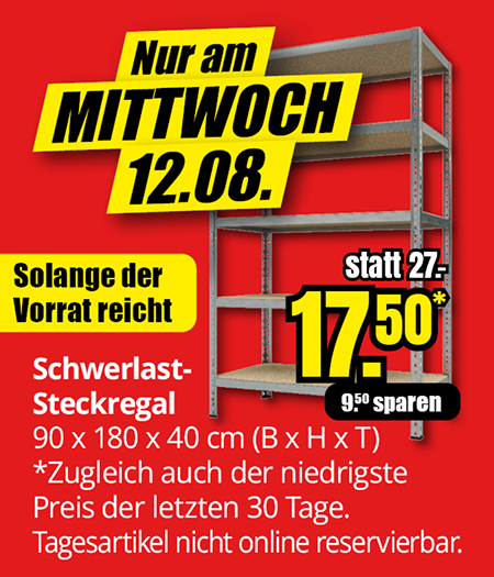 Schwerlast-Steckregal, 90 × 180 × 40 Zentimeter, Aktionspreis 17,50 Euro statt 27 Euro, nur am Mittwoch, 12.08., solange Vorrat reicht