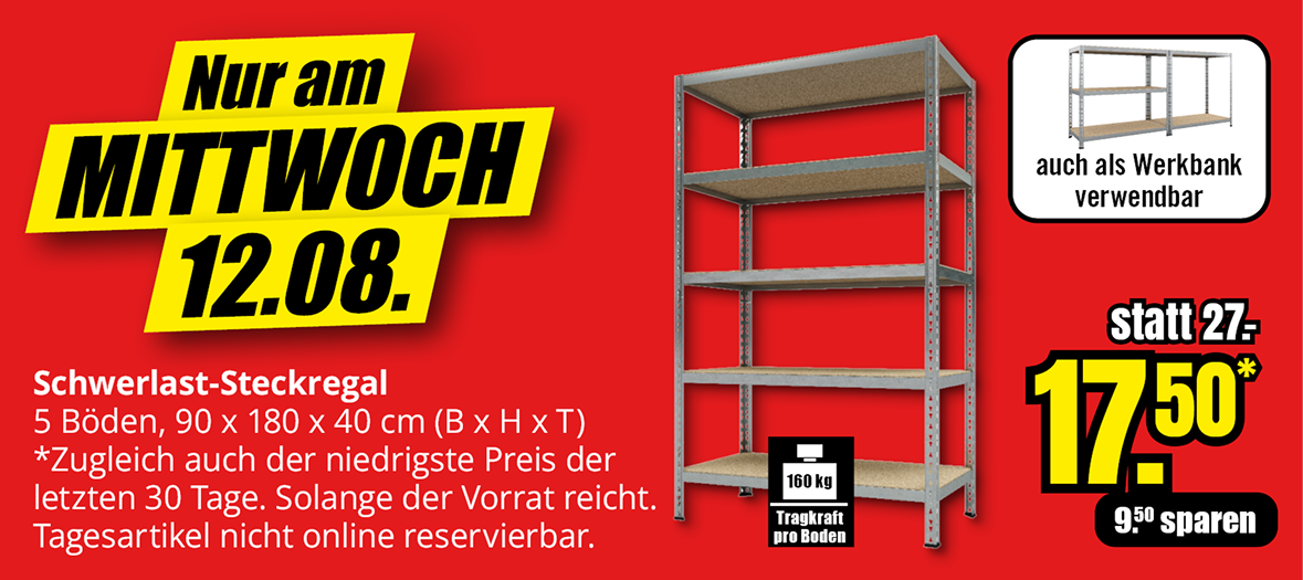 Schwerlast-Steckregal, 90 × 180 × 40 Zentimeter, Aktionspreis 17,50 Euro statt 27 Euro, nur am Mittwoch, 12.08., solange Vorrat reicht