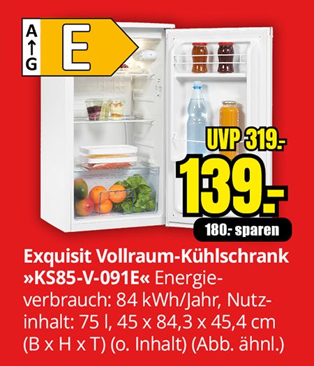Exquisit Vollraum-Kühlschrank KS85-V-091E, Energieeffizienzklasse E, 84 kWh Jahresverbrauch, 75 Liter Nutzinhalt, 139 Euro statt 319 Euro