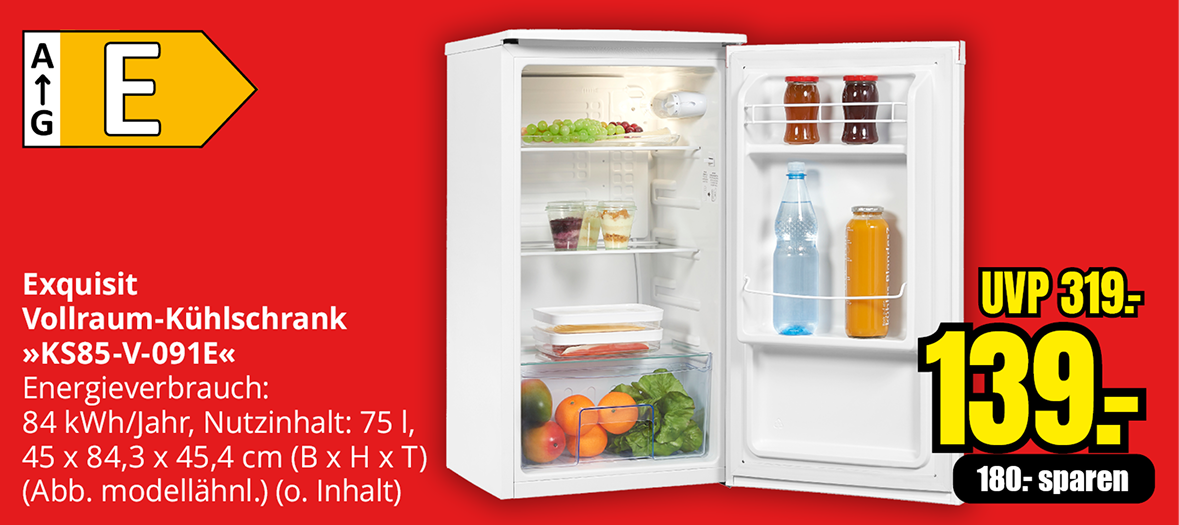 Exquisit Vollraum-Kühlschrank KS85-V-091E, Energieeffizienzklasse E, 84 kWh Jahresverbrauch, 75 Liter Nutzinhalt, 139 Euro statt 319 Euro