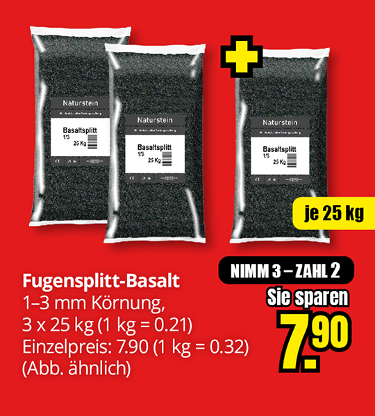 Fugensplitt aus Basalt, Körnung 1 bis 3 Millimeter, drei Säcke à 25 Kilogramm zum Preis von zwei, Ersparnis 7,90 Euro