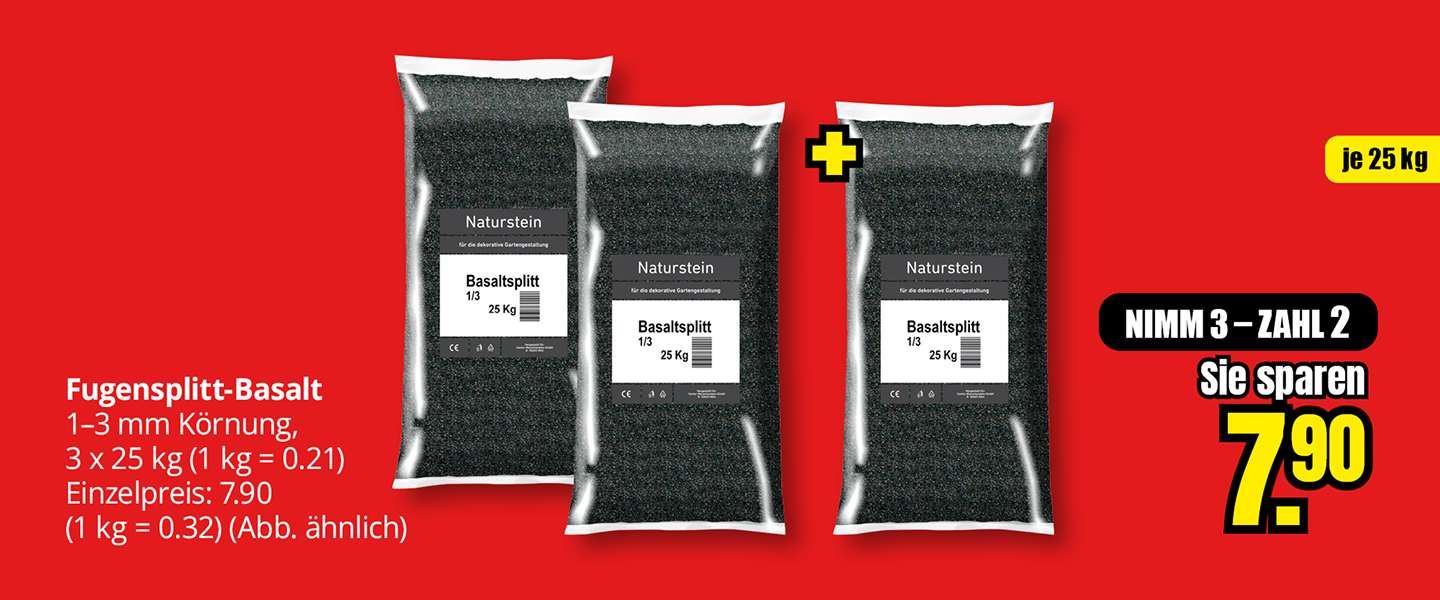 Fugensplitt aus Basalt, Körnung 1 bis 3 Millimeter, drei Säcke à 25 Kilogramm zum Preis von zwei, Ersparnis 7,90 Euro