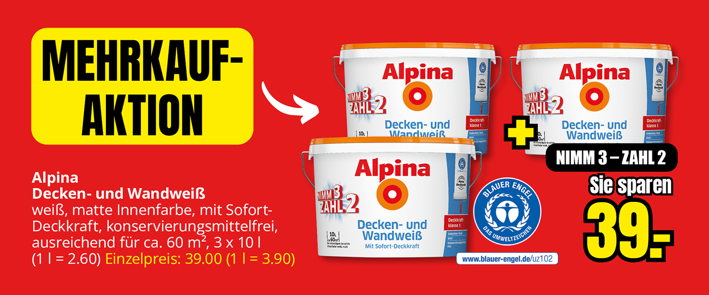 Alpina Decken- und Wandweiß 3 × 10 Liter, Mehrkauf-Aktion Nimm 3 – Zahl 2 für 39 €.