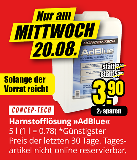 AdBlue Harnstofflösung 5 l für 3,90 €, nur am Mittwoch, 20.08., solange der Vorrat reicht.