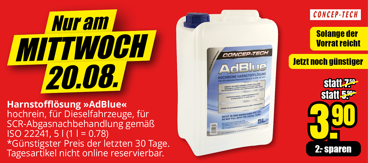 AdBlue Harnstofflösung 5 l für 3,90 €, nur am Mittwoch, 20.08., solange der Vorrat reicht.