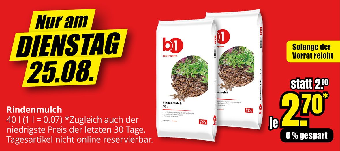 Rindenmulch, 40 Liter, Aktionspreis 2,70 Euro statt 2,90 Euro, nur am Dienstag, 25.08., solange Vorrat reicht