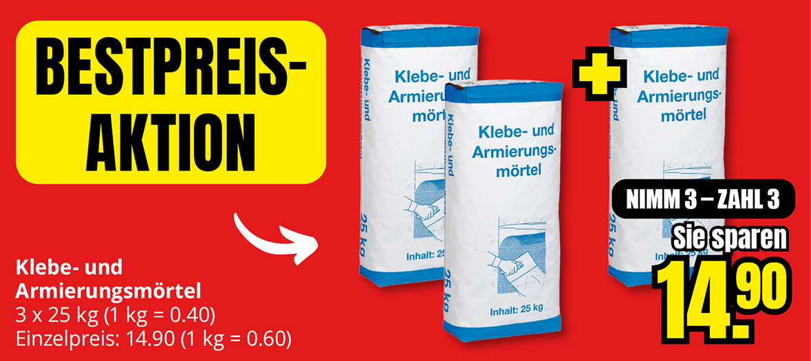 Klebe- und Armierungsmörtel, drei Säcke à 25 Kilogramm zum Preis von drei, Aktionspreis 14,90 Euro