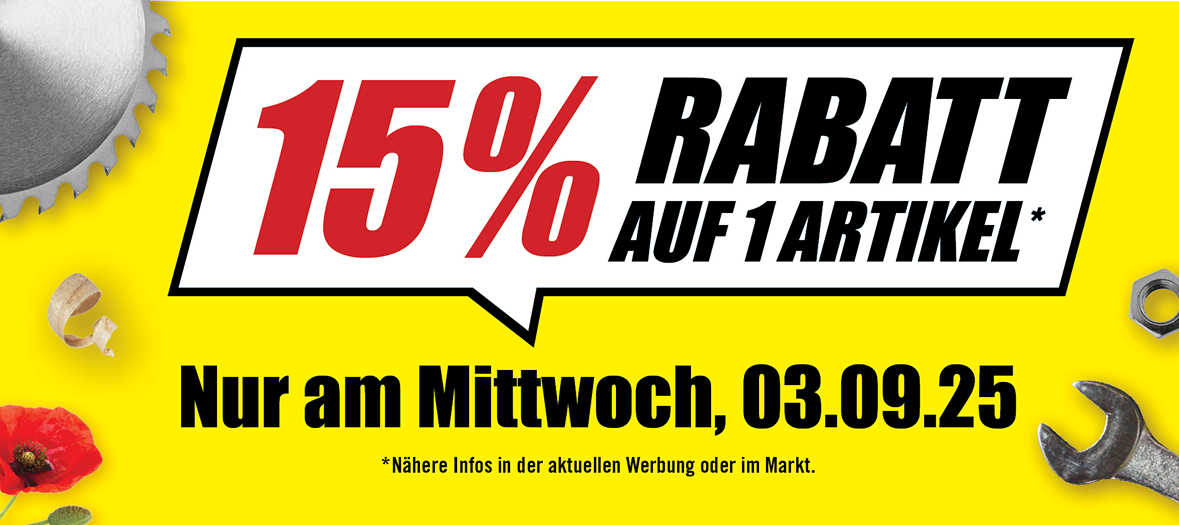 15 Prozent Rabatt auf einen Artikel, gültig nur am Mittwoch, 03.09.