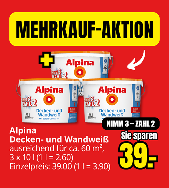 Alpina Decken- und Wandweiß, drei Eimer à 10 Liter, ausreichend für etwa 60 Quadratmeter, Mehrkauf-Aktion: drei Eimer zum Preis von zwei für 39 Euro
