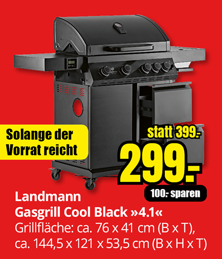 Landmann Gasgrill Cool Black 4.1 mit einer Grillfläche von etwa 76 × 41 Zentimetern, Aktionspreis 299 Euro statt 399 Euro, solange Vorrat reicht