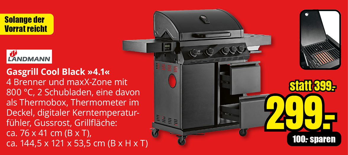 Landmann Gasgrill Cool Black 4.1 mit einer Grillfläche von etwa 76 × 41 Zentimetern, Aktionspreis 299 Euro statt 399 Euro, solange Vorrat reicht