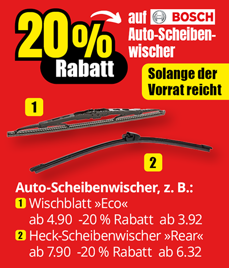 20% Rabatt auf BOSCH Auto-Scheibenwischer. Auto-Scheibenwischer, z. B.: 1 Wischblatt »Eco« ab 4.90 € -20 % Rabatt ab 3.92 € 2 Heck-Scheibenwischer »Rear« ab 7.90 € -20 % Rabatt ab 6.32 € 3 Wischblatt »Aerotwin« ab 12.90 € -20 % Rabatt ab 10.32 €