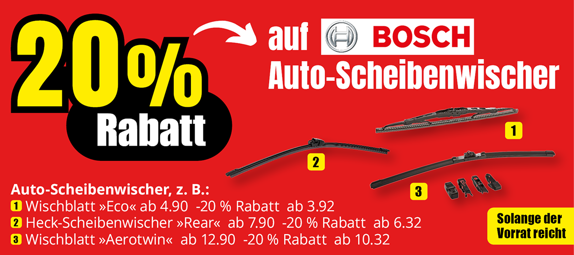 20% Rabatt auf BOSCH Auto-Scheibenwischer. Auto-Scheibenwischer, z. B.: 1 Wischblatt »Eco« ab 4.90 € -20 % Rabatt ab 3.92 € 2 Heck-Scheibenwischer »Rear« ab 7.90 € -20 % Rabatt ab 6.32 € 3 Wischblatt »Aerotwin« ab 12.90 € -20 % Rabatt ab 10.32 €