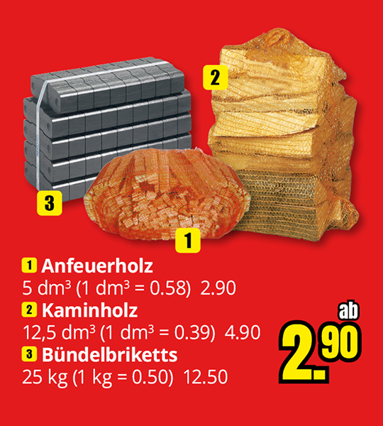 Stapelhaufen aus Anfeuerholz, Kaminholz und Bündelbriketts mit Preisen und Mengenangaben in gelb-rotem Werbedesign