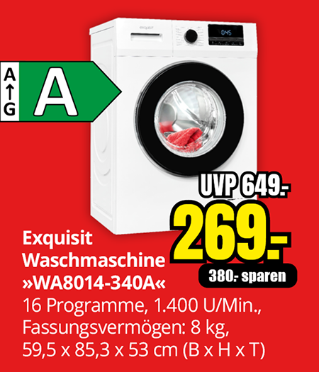 Frontansicht einer weißen Exquisit-Waschmaschine mit rundem Bullauge und digitalem Display auf rotem Hintergrund, daneben Preisinformationen und Energieeffizienzlabel A.