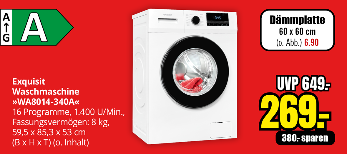 Frontansicht einer weißen Exquisit-Waschmaschine mit rundem Bullauge und digitalem Display auf rotem Hintergrund, daneben Preisinformationen und Energieeffizienzlabel A.