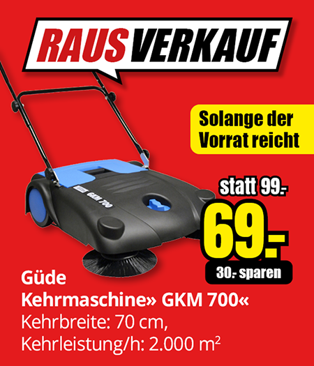 RAUSVERKAUF. Solange der Vorrat reicht. Räumungsverkauf bei B1 Discount Baumarkt – Güde Kehrmaschine GKM 700 mit 70 cm Kehrbreite und 2.000 m² Leistung pro Stunde jetzt für 69 Euro statt 99 Euro, solange der Vorrat reicht.