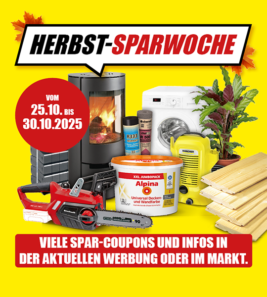 Werbung zur Herbst-Sparwoche bei toom Baumarkt vom 25.10. bis 30.10.2025 mit Sonderangeboten auf Kaminöfen, Waschmaschinen, Werkzeug, Farben, Pflanzen und Baumaterialien.