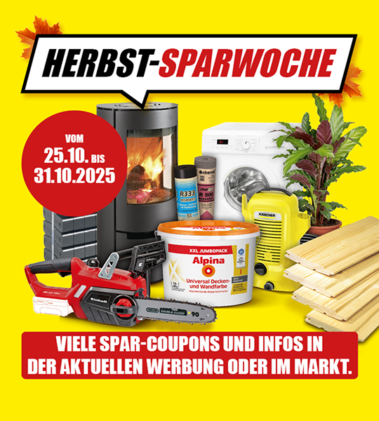 Werbung zur Herbst-Sparwoche bei toom Baumarkt vom 25.10. bis 31.10.2025 mit Sonderangeboten auf Kaminöfen, Waschmaschinen, Werkzeug, Farben, Pflanzen und Baumaterialien.